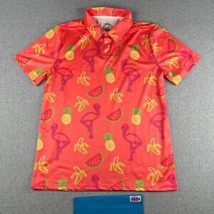 Proud 90 Golf Polo Shirt Medium Pink Performance Flamingo Fruit All Over Print